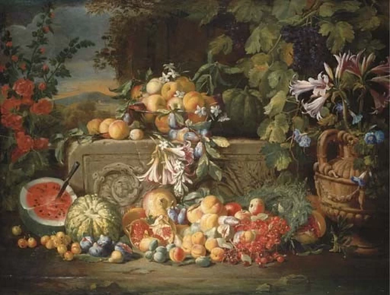 Natura morta con fiori e frutta e un paesaggio montuoso di sfondo